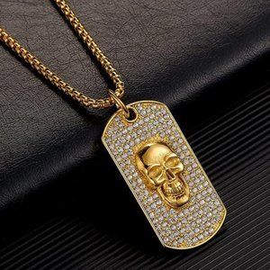 18K Gold Plated Fully Iced Out Skull Pendant Chain Necklace